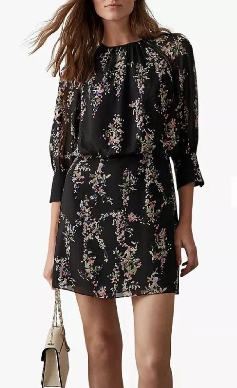 Reiss Roma Floral Dress US 8 Black Long Sleeve Sheer Shift Mini Lace Trim